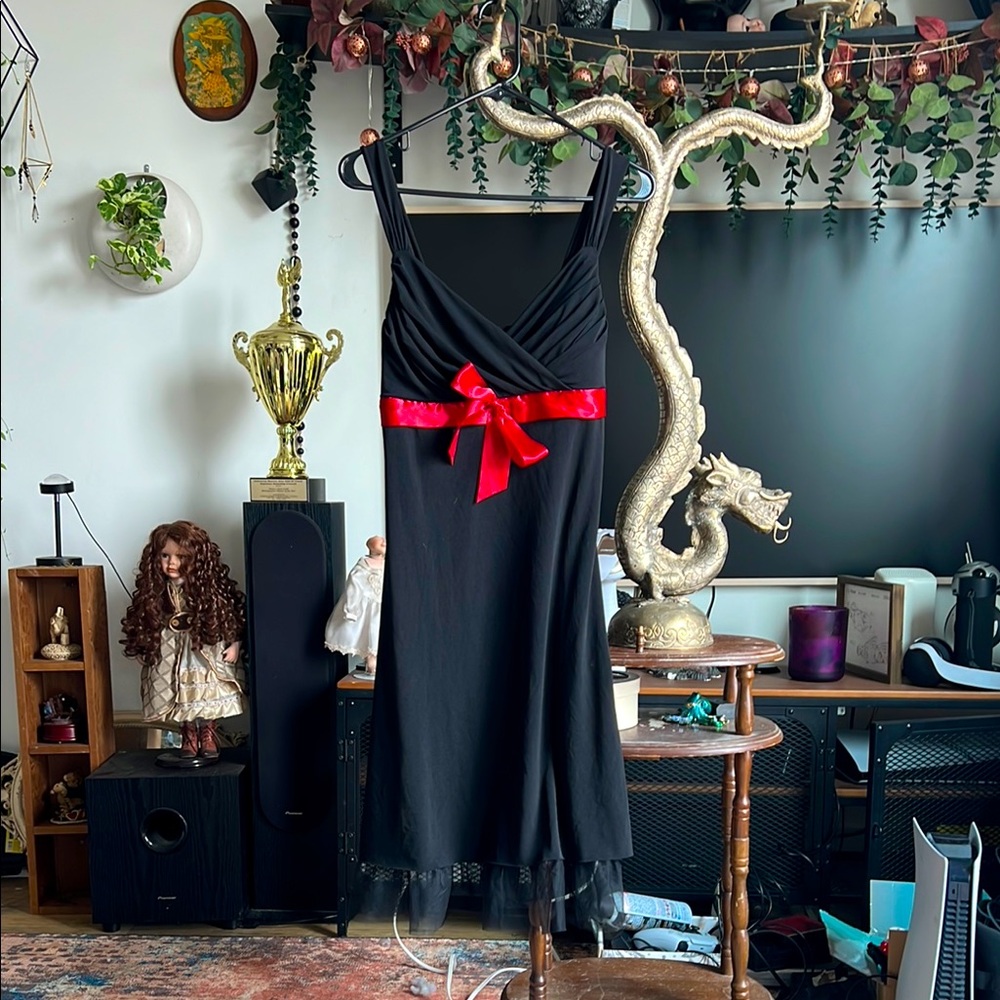 My Michelle Black Dress with Red Ribbon Detail Y2K